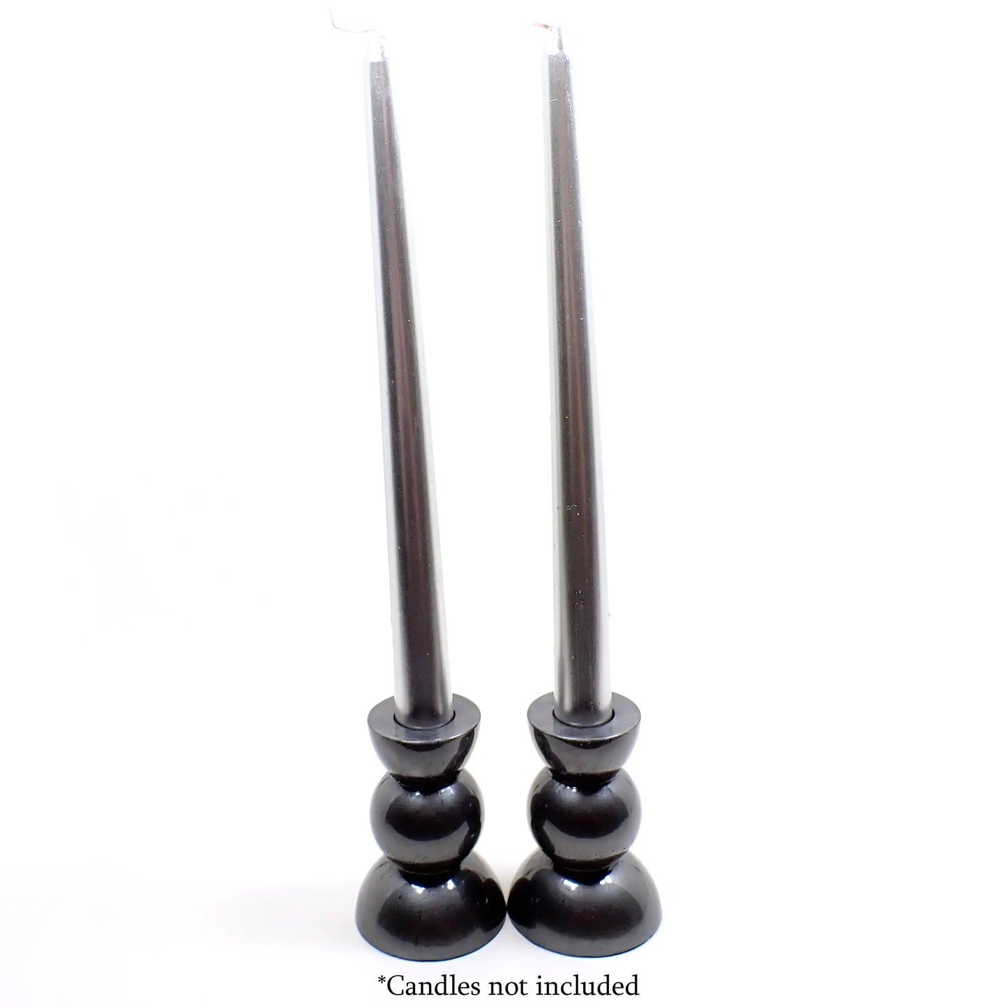 Set of Two Handmade Resin Pearly Metallic Gunmetal Gray Color Rounded Geometric Candlestick Holders