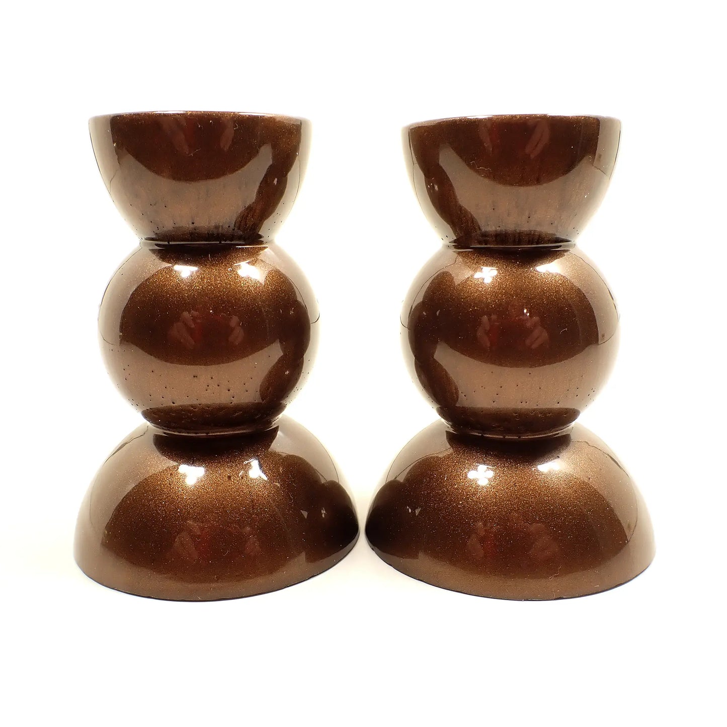 Set of Two Handmade Pearly Chocolate Brown Resin Rounded Geometric Candlestick Holders