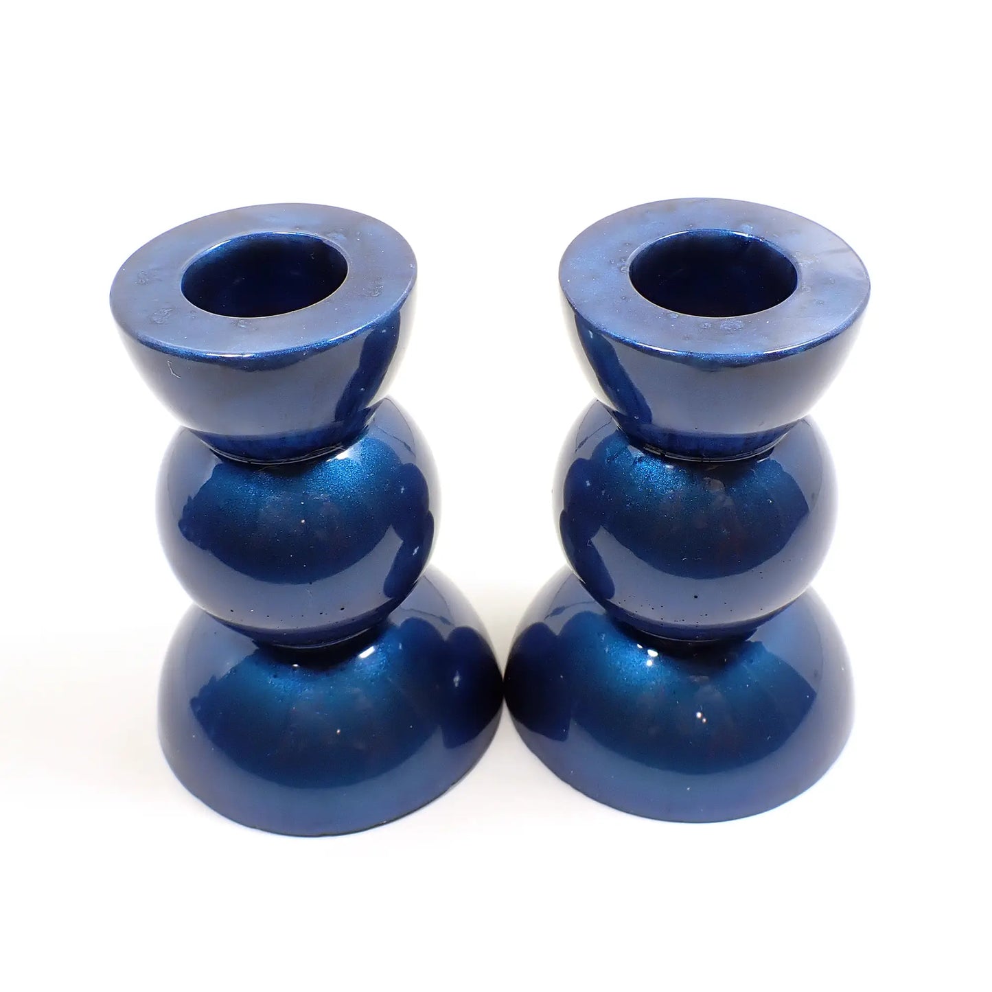 Set of Two Handmade Pearly Deep Blue Resin Rounded Geometric Candlestick Holders