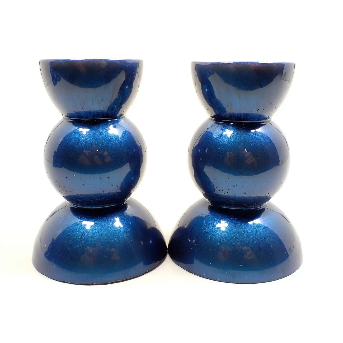 Set of Two Handmade Pearly Deep Blue Resin Rounded Geometric Candlestick Holders