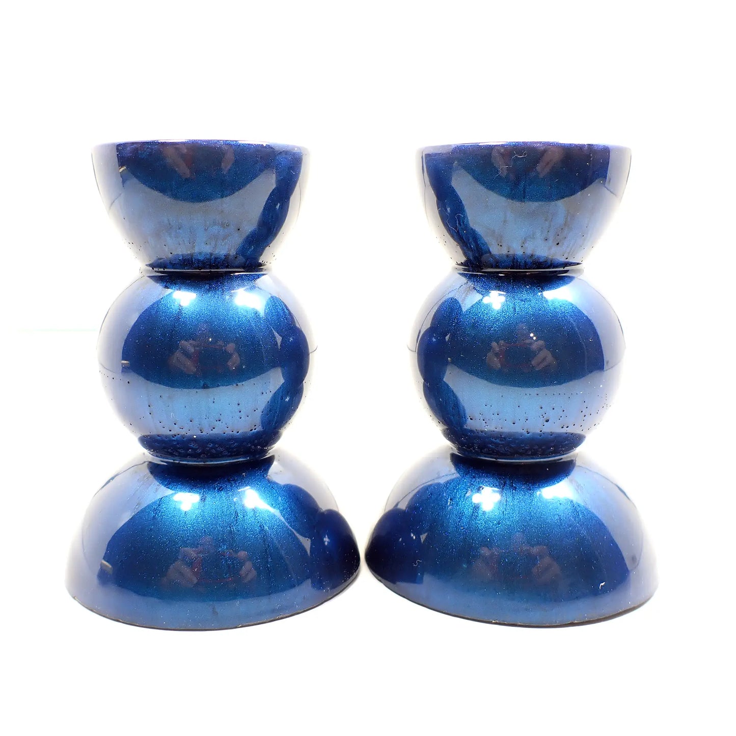 Set of Two Handmade Pearly Bright Denim Blue Resin Rounded Geometric Candlestick Holders