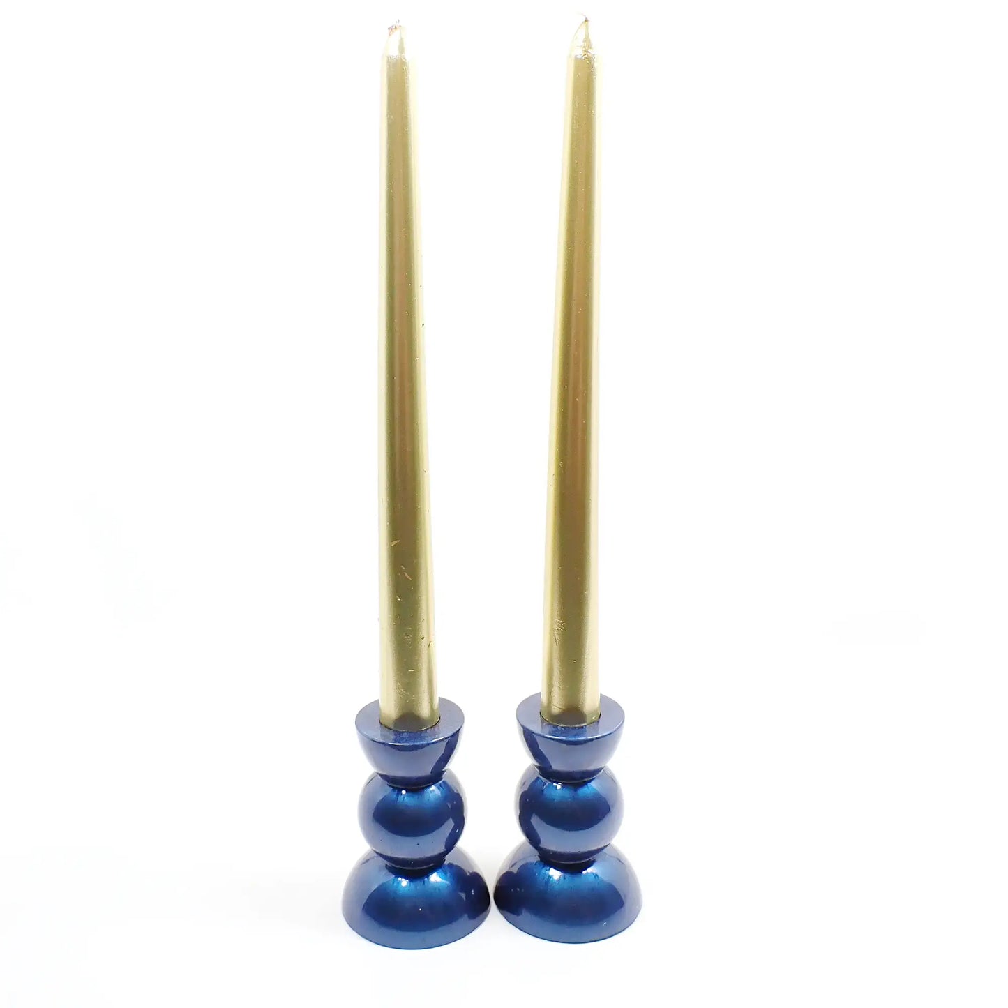 Set of Two Handmade Pearly Bright Denim Blue Resin Rounded Geometric Candlestick Holders