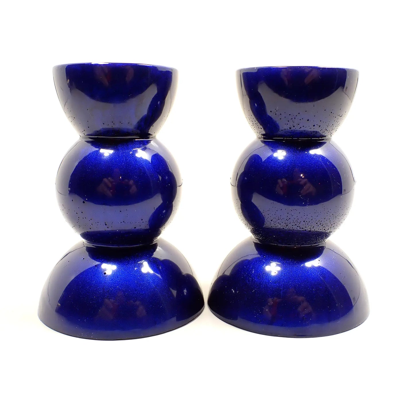 Set of Two Handmade Pearly Cobalt Blue Resin Rounded Geometric Candlestick Holders
