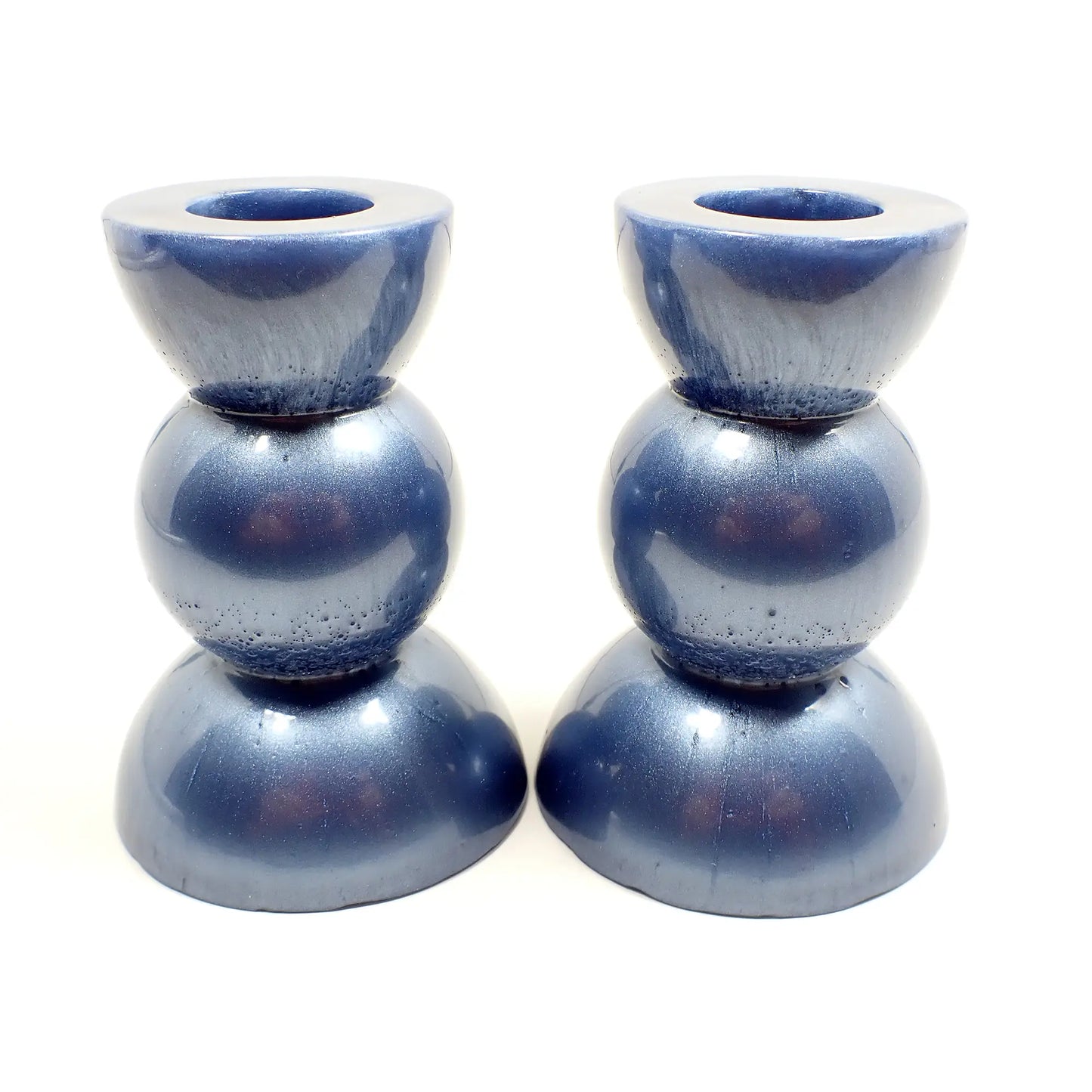 Set of Two Handmade Pearly Light Blue Resin Rounded Geometric Candlestick Holders