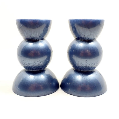 Set of Two Handmade Pearly Light Blue Resin Rounded Geometric Candlestick Holders