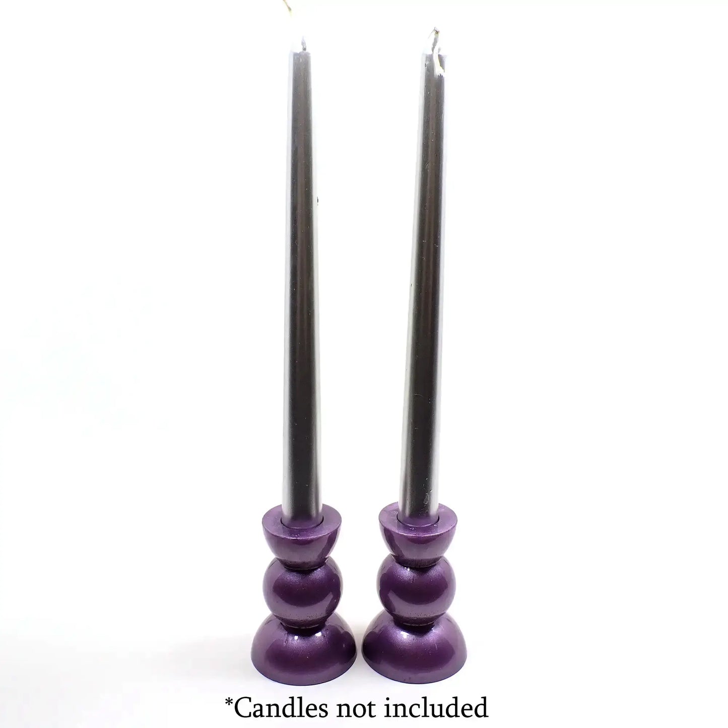 Set of Two Handmade Pearly Lilac Purple Resin Rounded Geometric Candlestick Holders