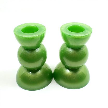 Set of Two Handmade Pearly Lime Green Resin Rounded Geometric Candlestick Holders