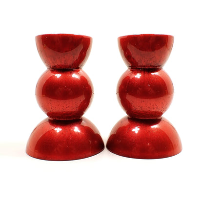 Set of Two Handmade Pearly Red Resin Rounded Geometric Candlestick Holders