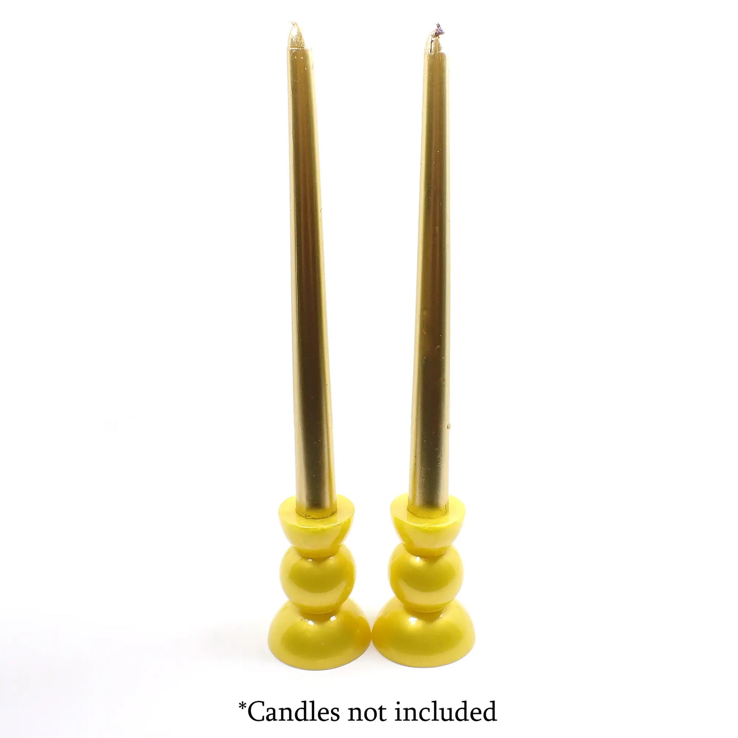 Set of Two Handmade Pearly Bright Yellow Resin Rounded Geometric Candlestick Holders