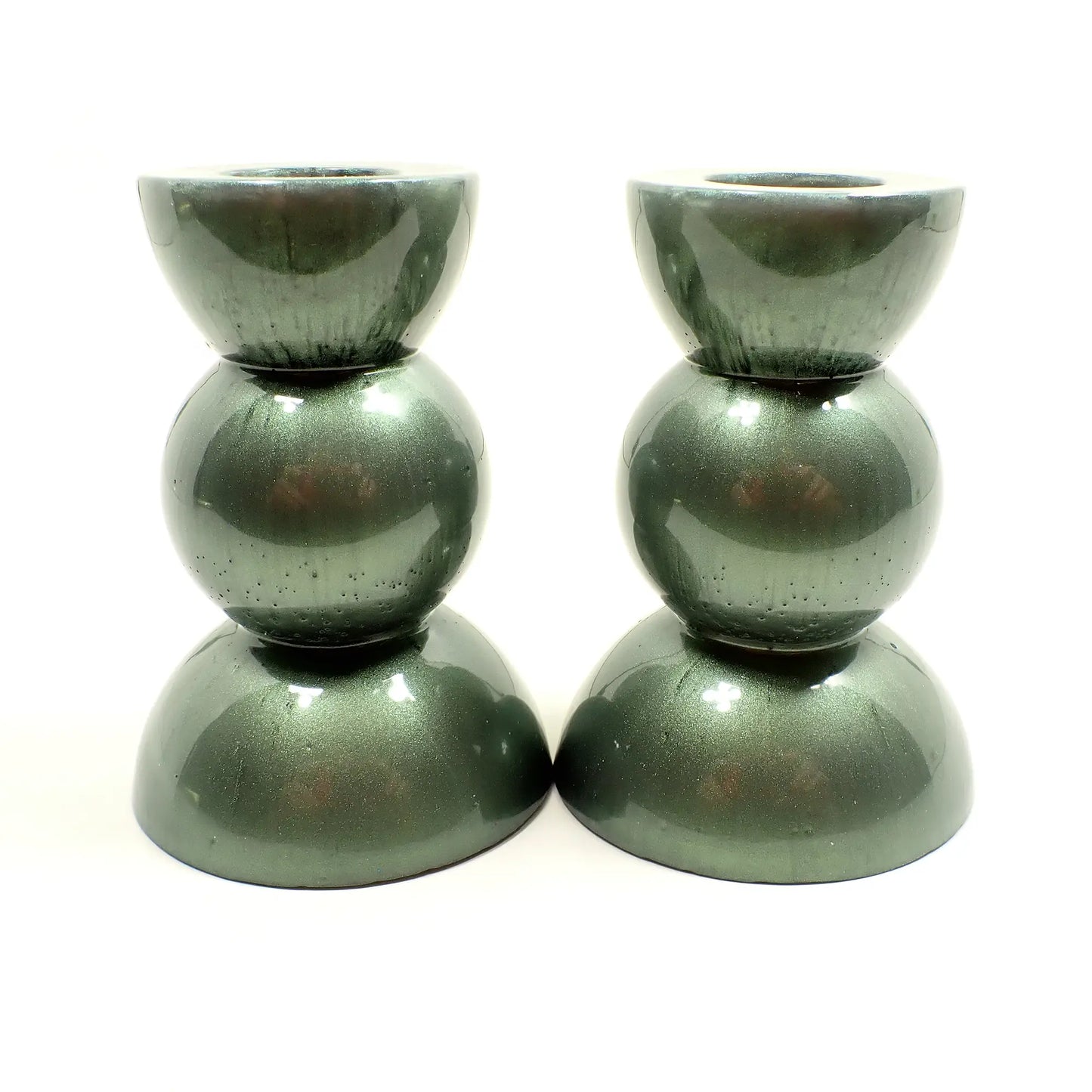 Set of Two Handmade Pearly Light Olive Green Resin Rounded Geometric Candlestick Holders