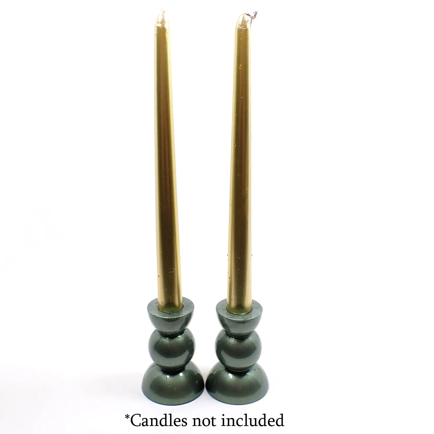 Set of Two Handmade Pearly Light Olive Green Resin Rounded Geometric Candlestick Holders