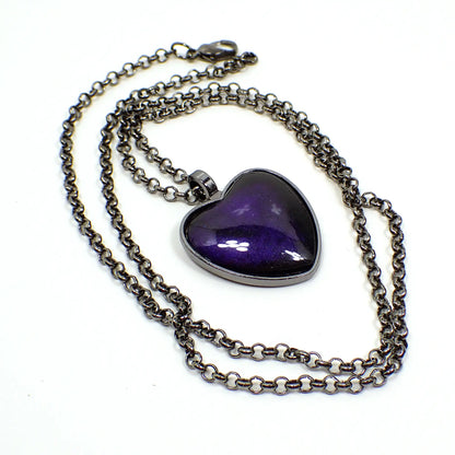 Goth Black and Dark Blue Purple Handmade Resin Heart Pendant Necklace with Gunmetal Gray Setting