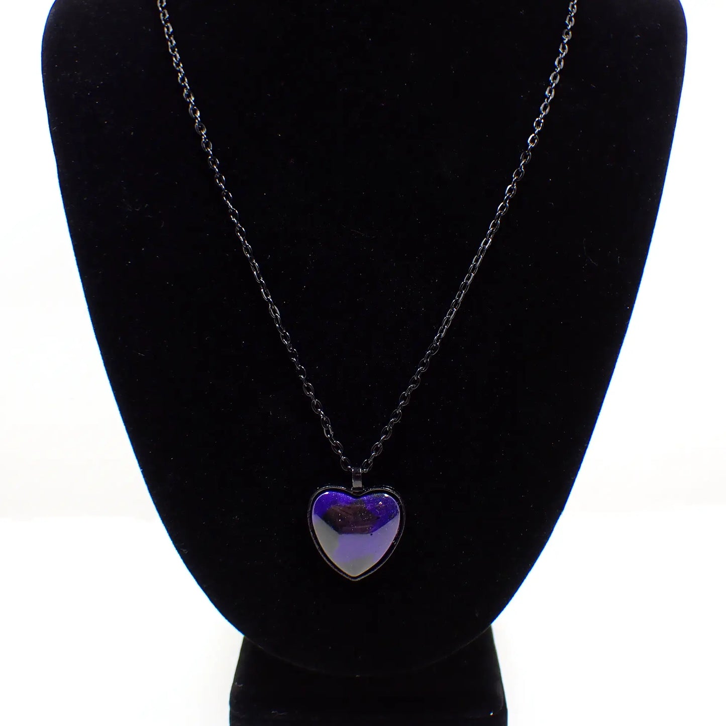 Goth Black and Bluish Purple Handmade Resin Heart Pendant Necklace