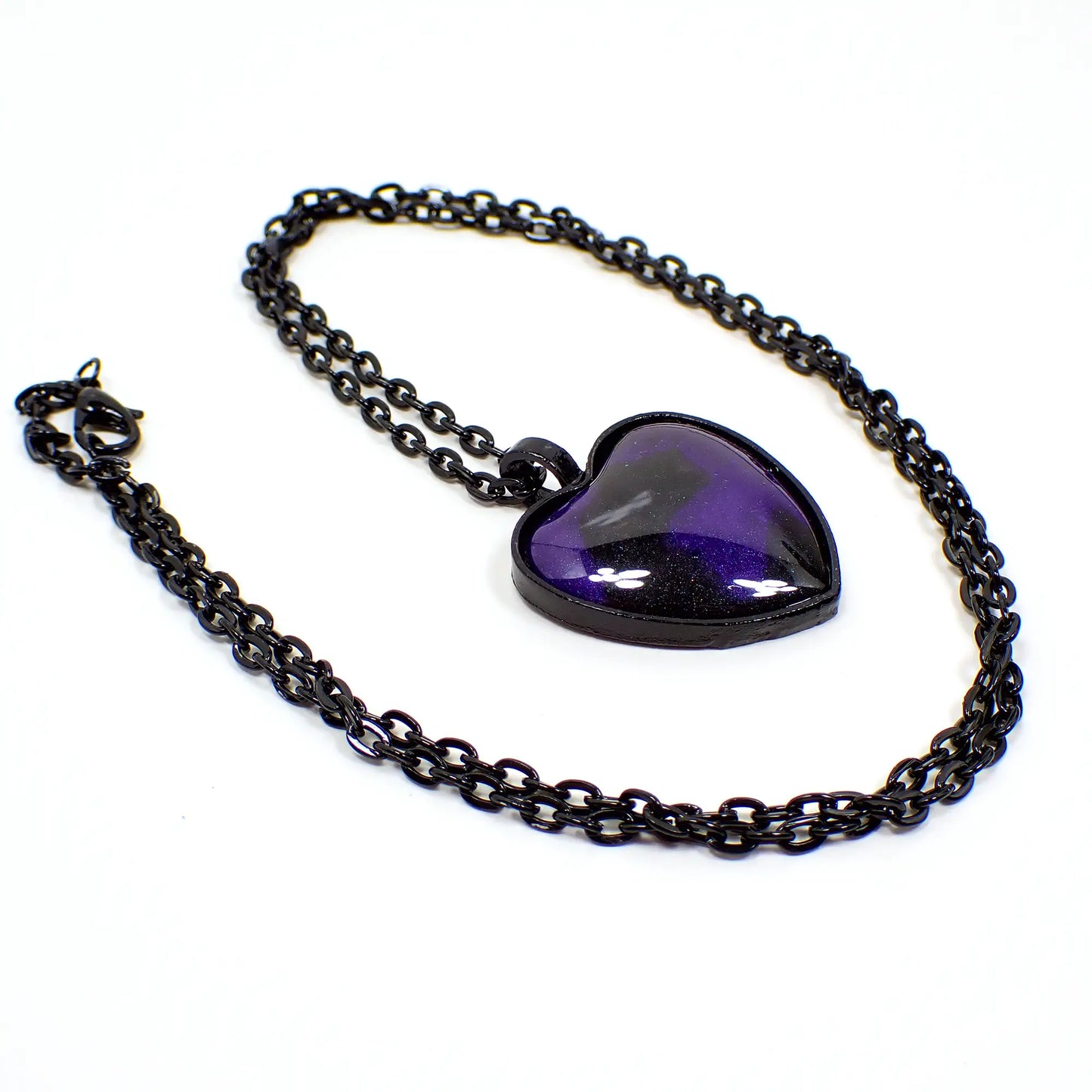 Goth Black and Bluish Purple Handmade Resin Heart Pendant Necklace