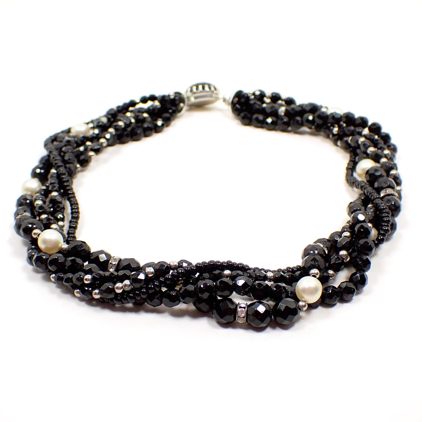 Faceted Black Glass and Faux Pearl Beaded Mid Century Vintage Multi Strand Necklace
