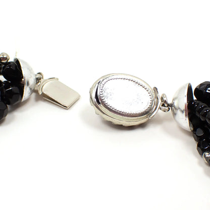 Faceted Black Glass and Faux Pearl Beaded Mid Century Vintage Multi Strand Necklace