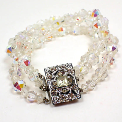 1950's Triple Strand AB Crystal Beaded Vintage Bracelet with Rhinestone Box Clasp