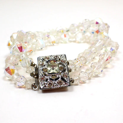 1950's Triple Strand AB Crystal Beaded Vintage Bracelet with Rhinestone Box Clasp