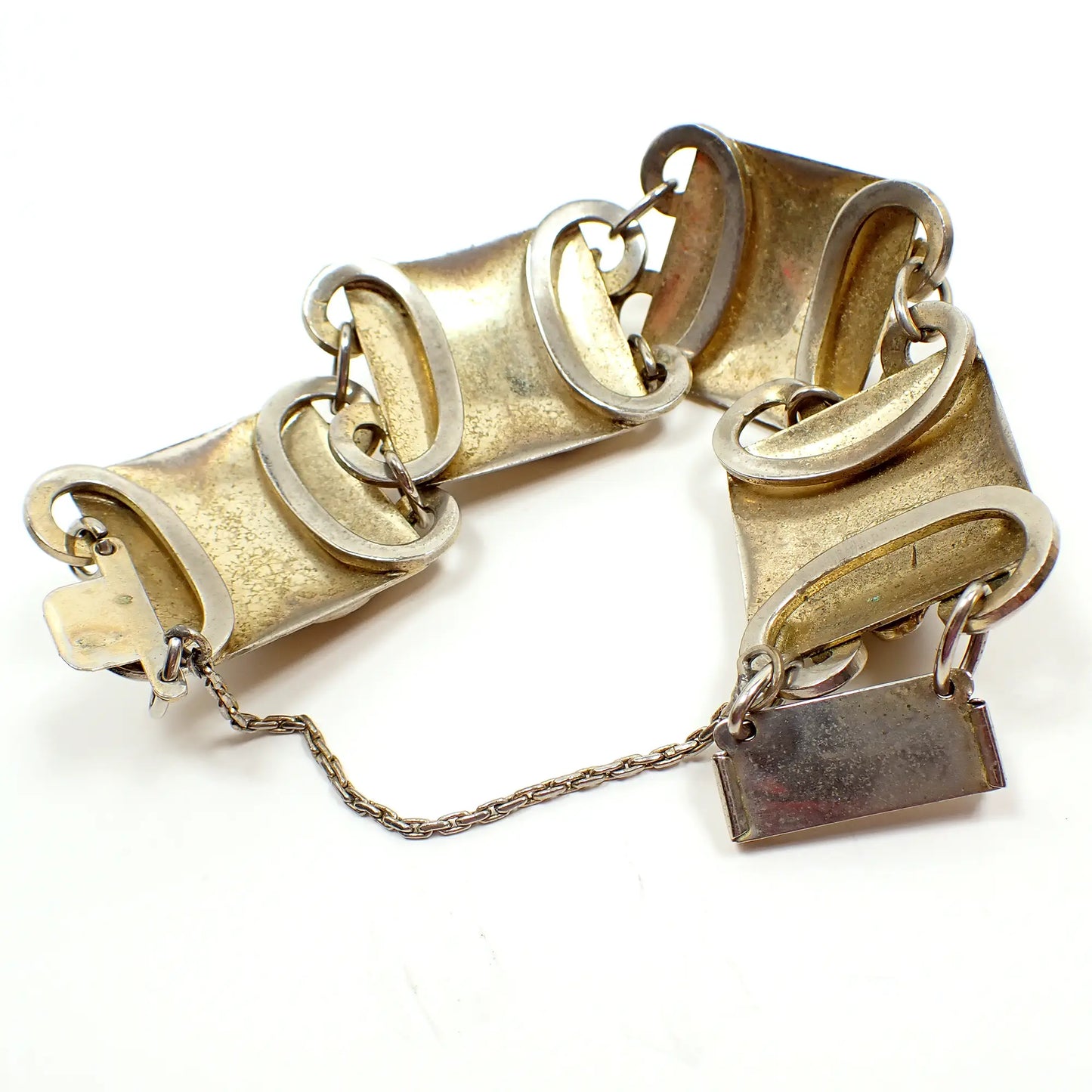 1950's Whiting and Davis Mid Century Vintage Leaf Panel Link Bracelet with Safety Chain