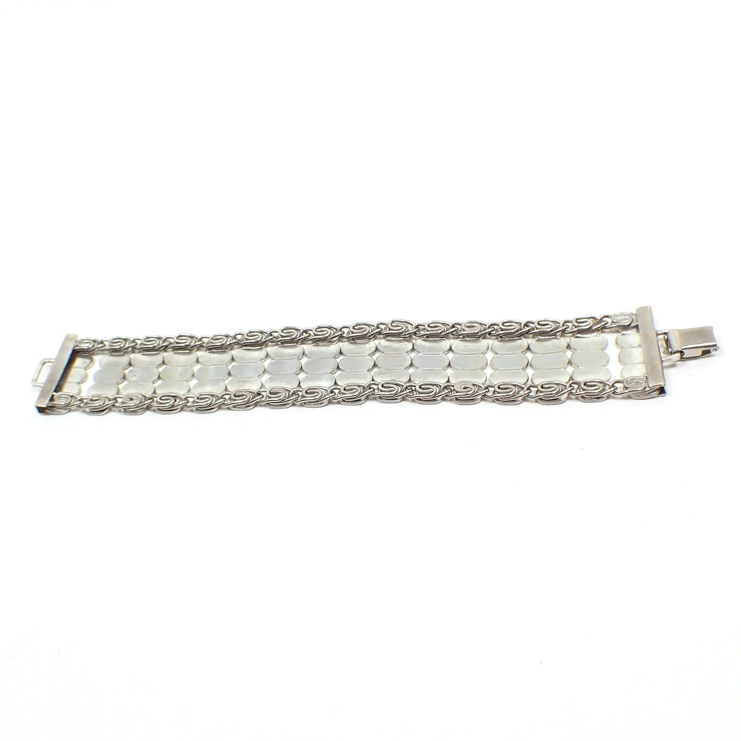 Wide Mid Century Vintage Matte and Shiny Silver Tone Oval Link Bracelet