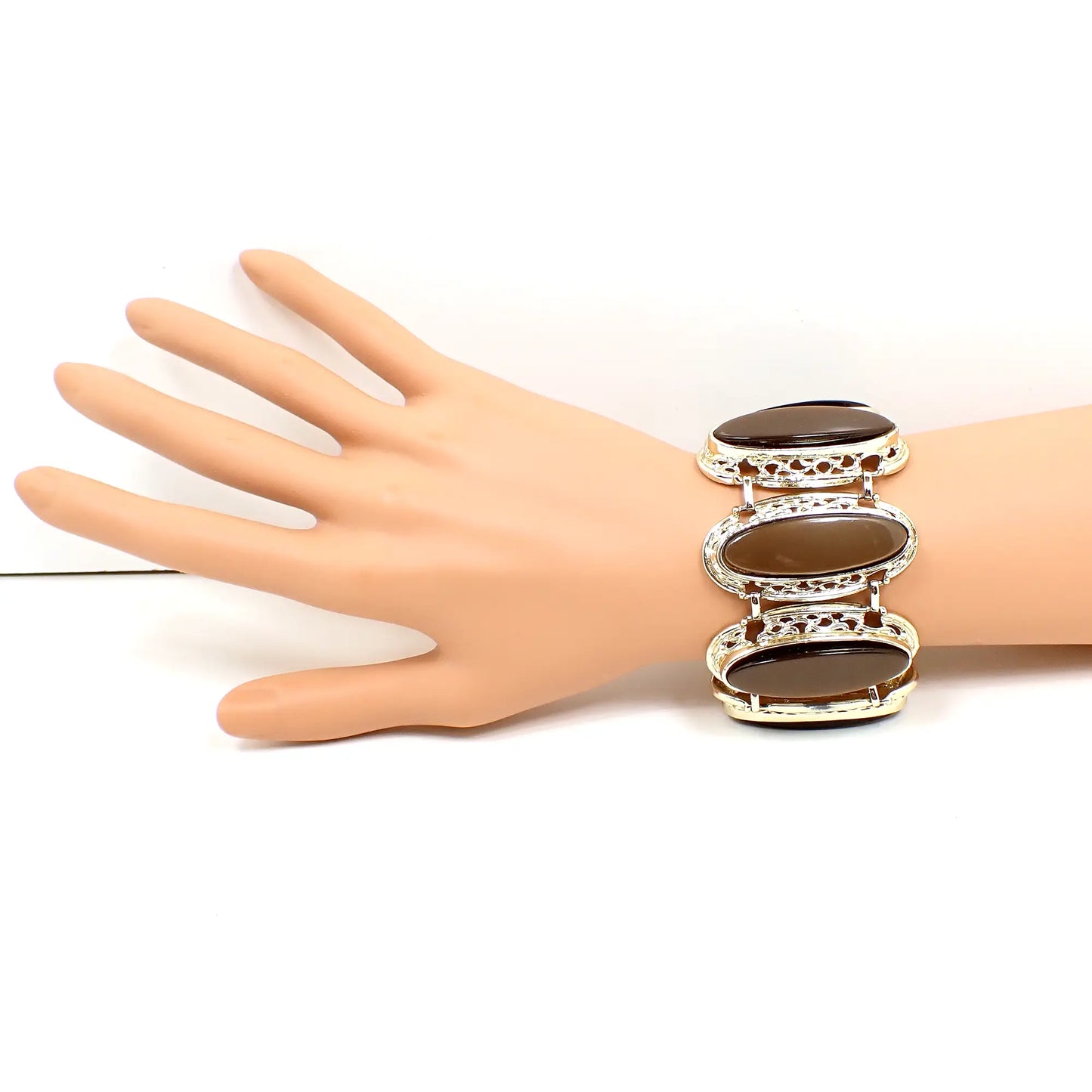 1950's Wide Pearly Brown Thermoset Oval Vintage Link Bracelet