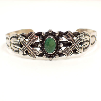 Fred Harvey Era Arrow Novelty Co Green Turquoise Coin Silver Vintage Cuff Bracelet, Southwestern Jewelry