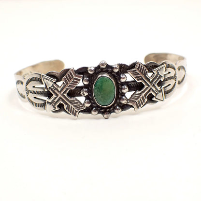 Fred Harvey Era Arrow Novelty Co Green Turquoise Coin Silver Vintage Cuff Bracelet, Southwestern Jewelry