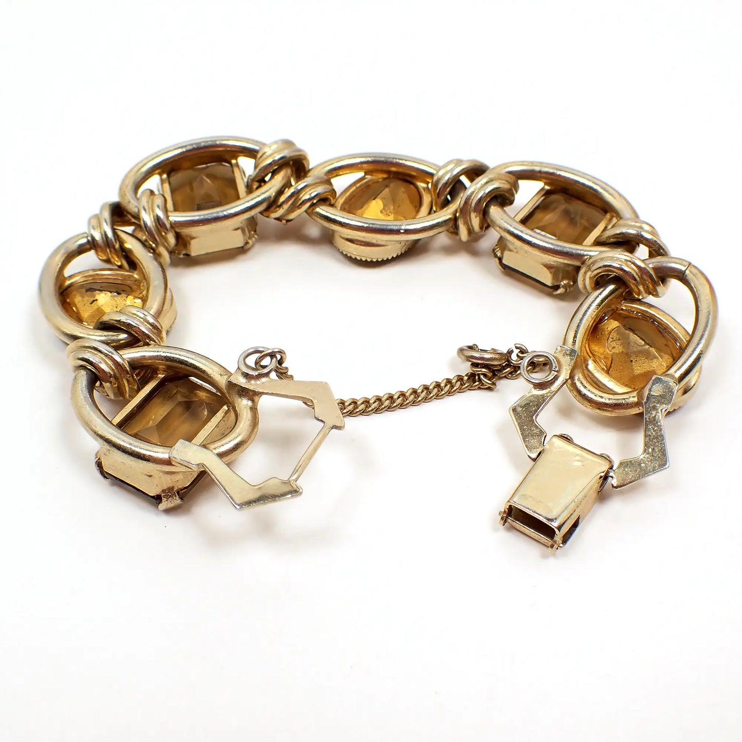1960's Chunky Topaz and Citrine Color Vintage Rhinestone Bracelet with Safety Chain