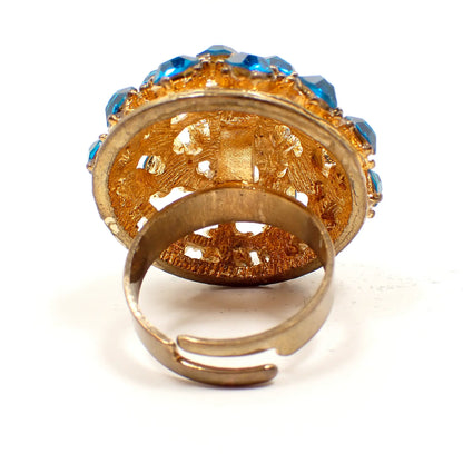 1960's Bright Teal Blue Rhinestone Adjustable Filigree Vintage Dome Ring
