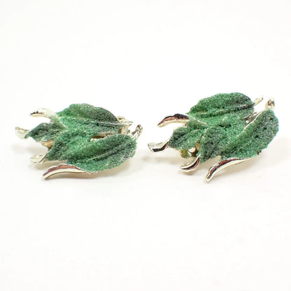 Mid Century Vintage Green Sugar Coated Leaf Clip on Earrings