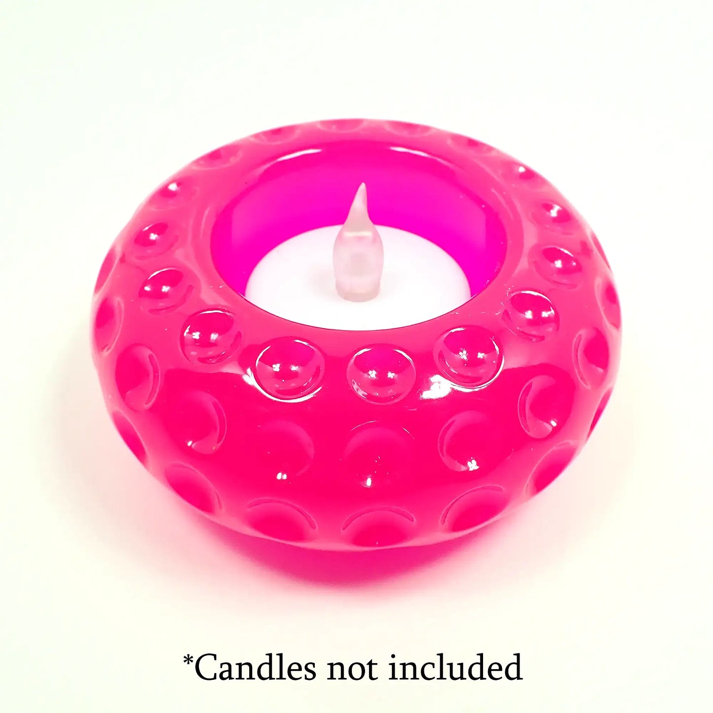 Small Handmade Neon Pink Resin Flameless Tea Light Candle Holder, Decorative Bowl, Rondelle Shaped with Indented Dot Pattern