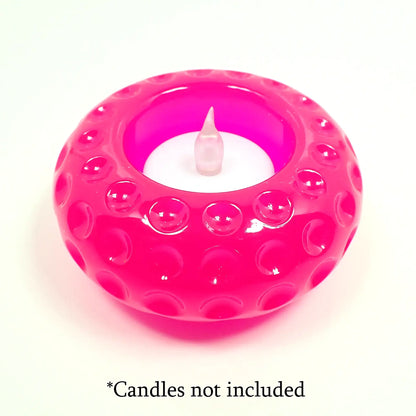 Handmade Tea Light Candle Holder with Neon Pink Resin, Round Shaped Tealight Holder with Indented Dot Pattern