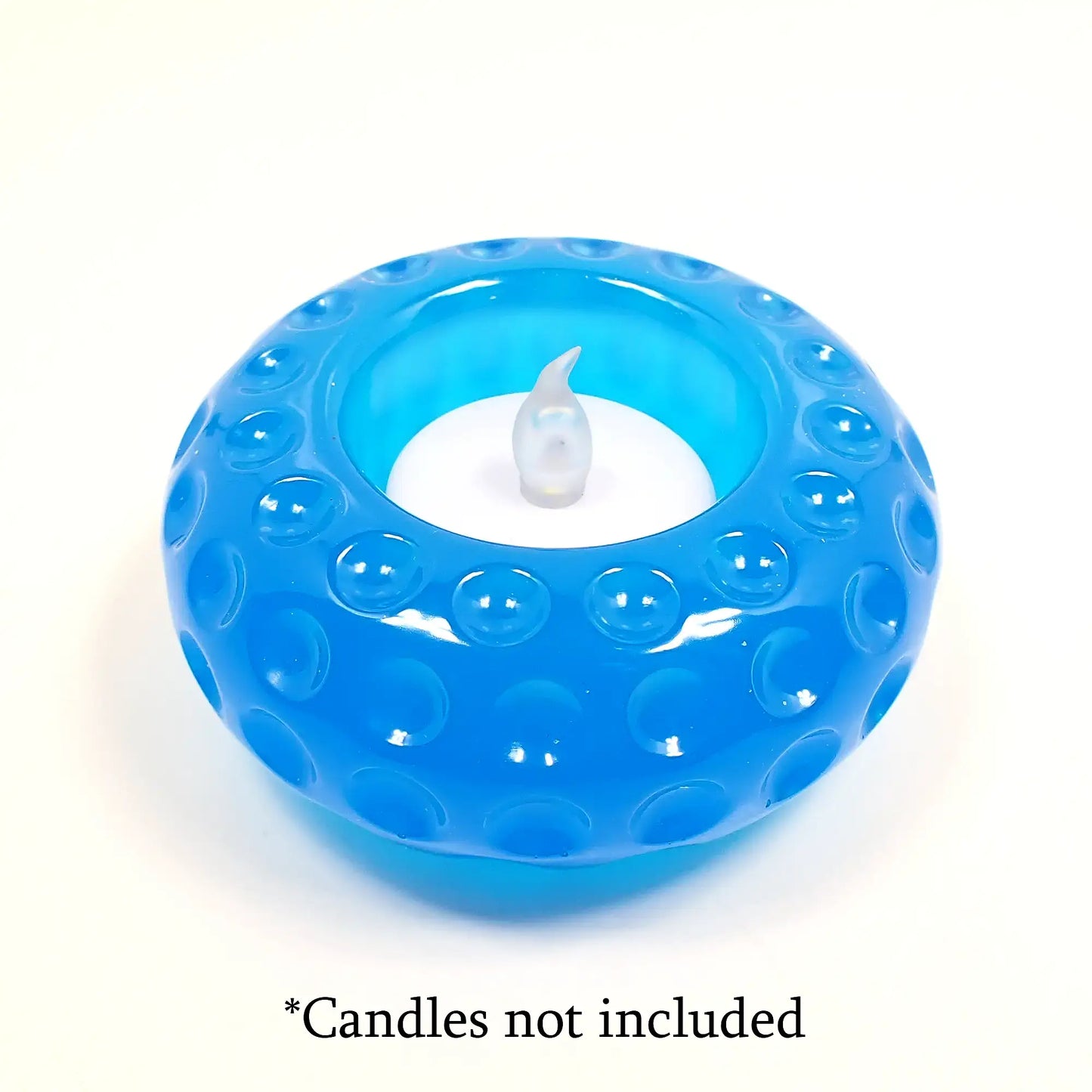 Small Handmade Neon Blue Resin Flameless Tea Light Candle Holder, Round Shaped Flameless Tealight Candles Holder with Indented Dot Pattern