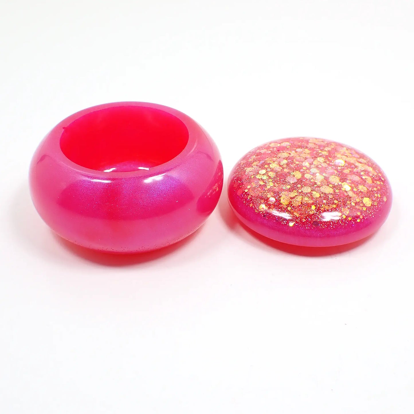 Small Pearly Pink Resin Handmade Round Trinket Box with Chunky Iridescent Glitter