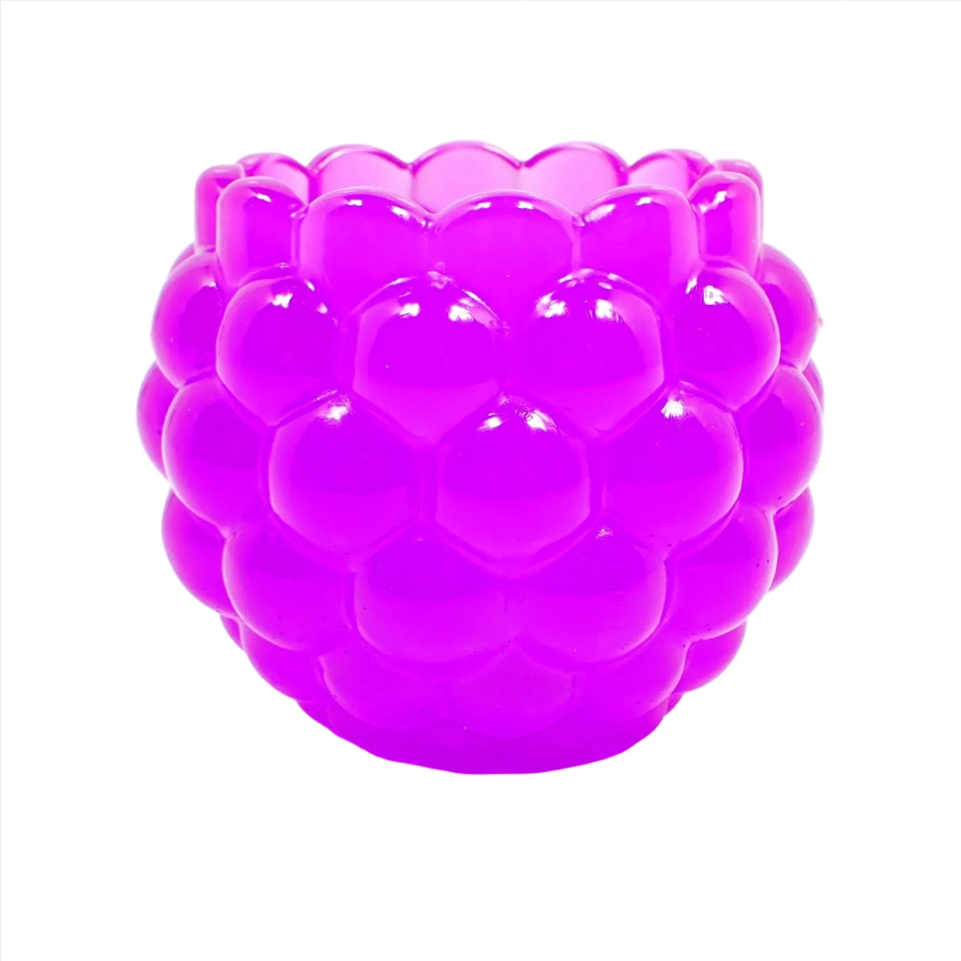 Side view of the handmade resin decorative bowl. The resin is neon purple in color. It has a rounded shape with a bumpy round ball textured on the outside. The top tapers slightly and has a scalloped edge.