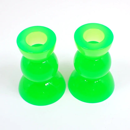 Set of Two Neon Green Resin Handmade Rounded Geometric Candlestick Holders
