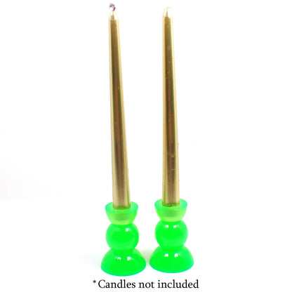 Set of Two Neon Green Resin Handmade Rounded Geometric Candlestick Holders
