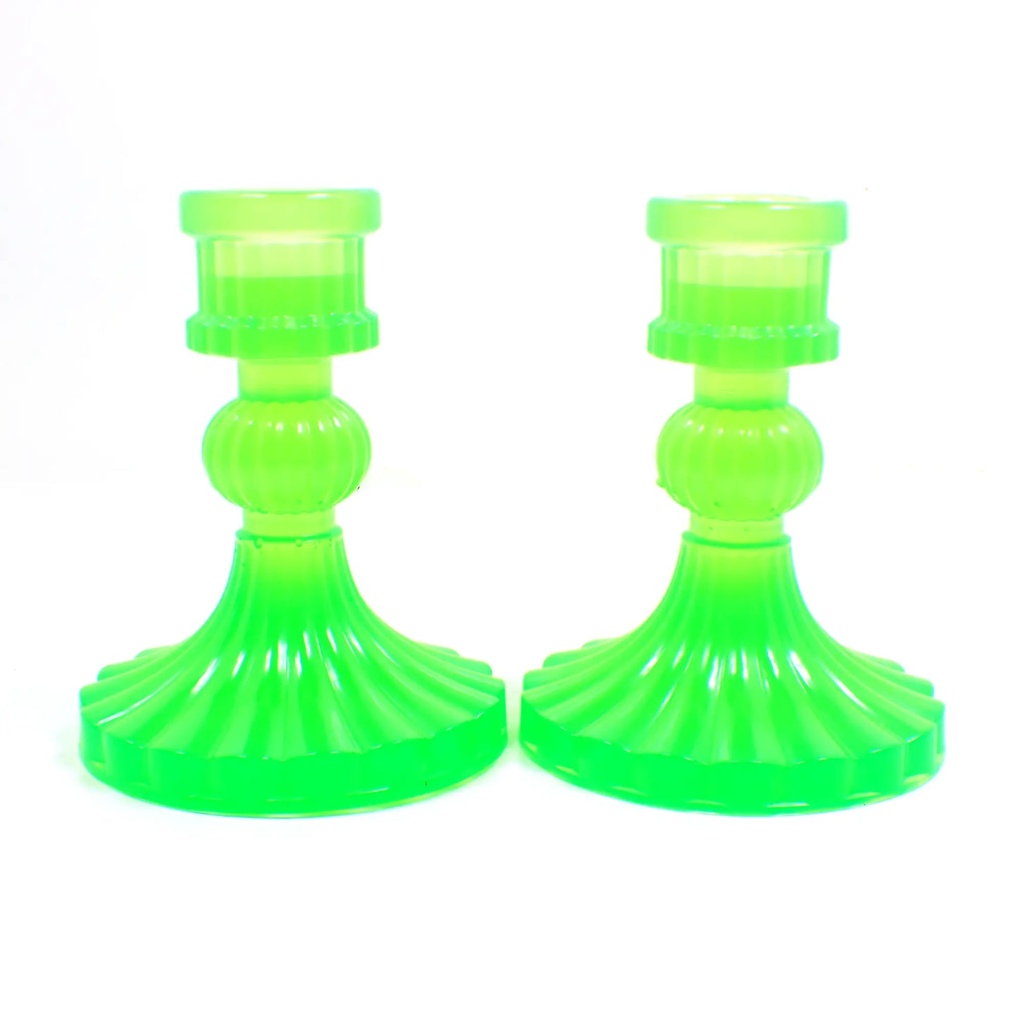 Set of Two Vintage Style Handmade Semi Translucent Neon Green Resin Candlestick Holders