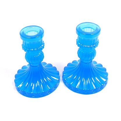 Set of Two Vintage Style Handmade Semi Translucent Neon Blue Resin Candlestick Holders