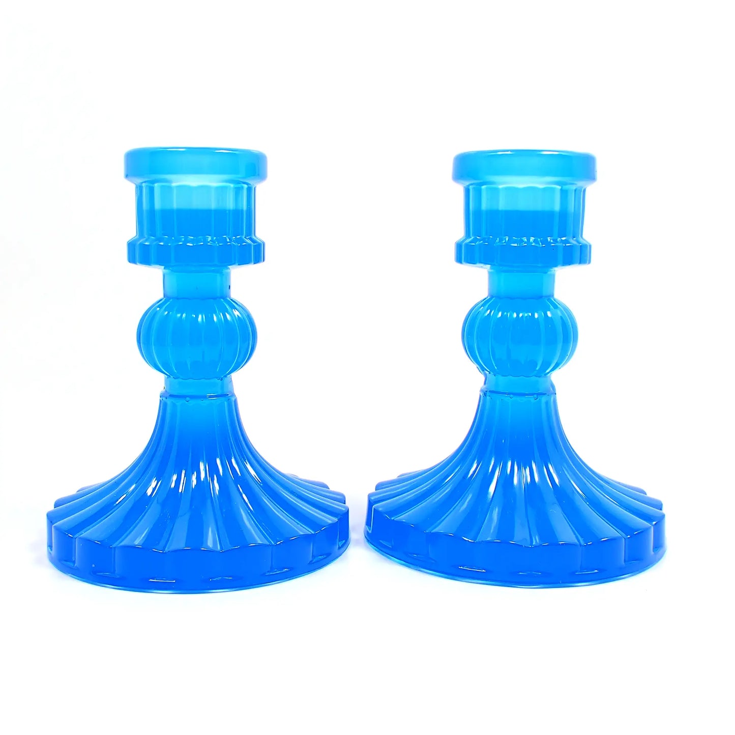Set of Two Vintage Style Handmade Semi Translucent Neon Blue Resin Candlestick Holders