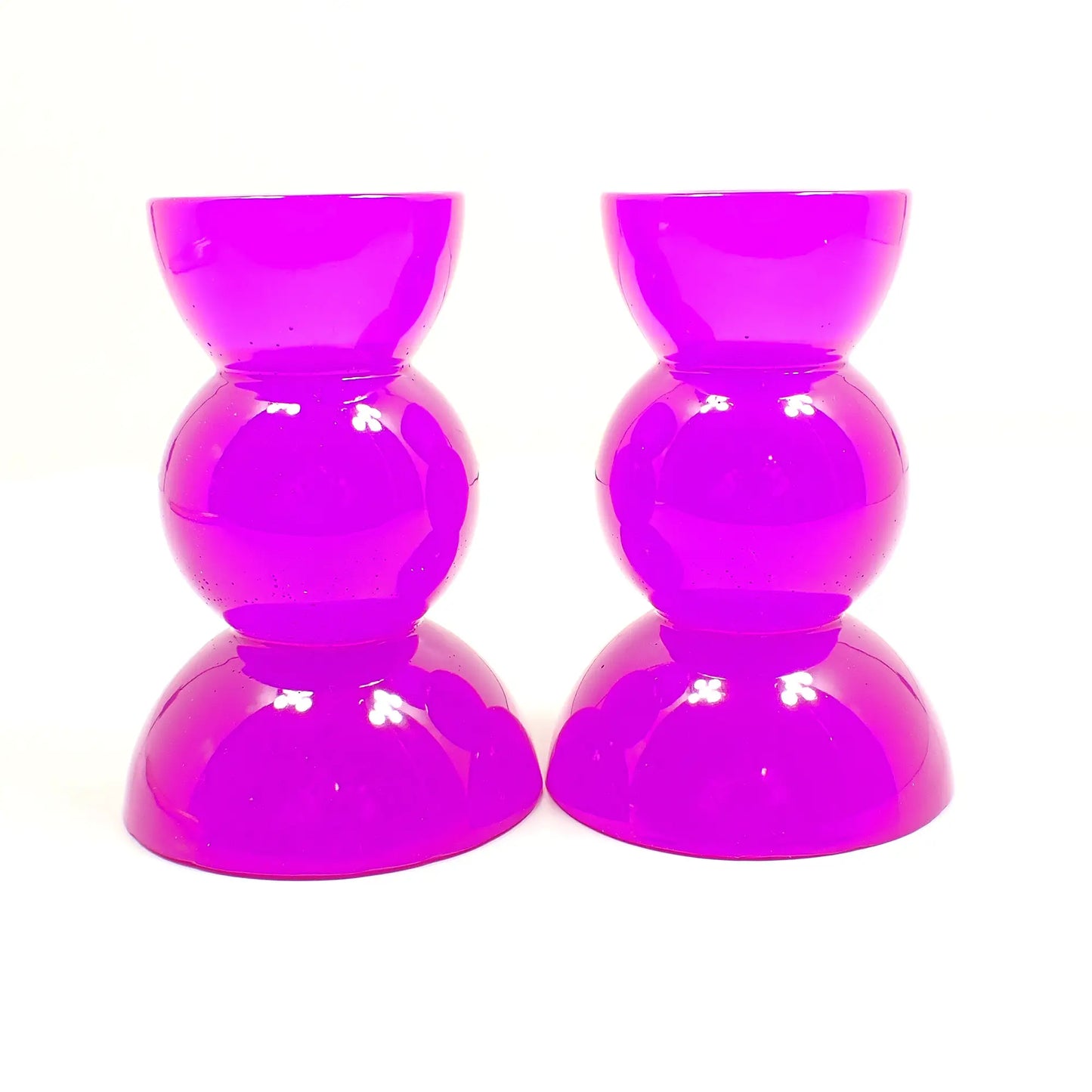 Set of Two Neon Purple Resin Handmade Rounded Geometric Candlestick Candle Holders