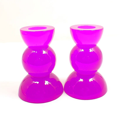 Set of Two Neon Purple Resin Handmade Rounded Geometric Candlestick Holders