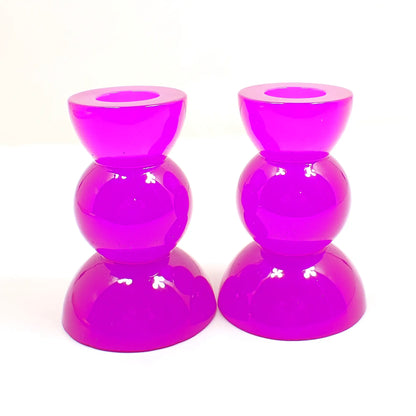 Set of Two Neon Purple Resin Handmade Rounded Geometric Candlestick Candle Holders