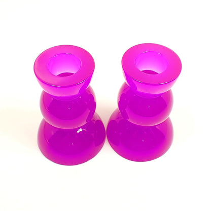 Set of Two Neon Purple Resin Handmade Rounded Geometric Candlestick Candle Holders