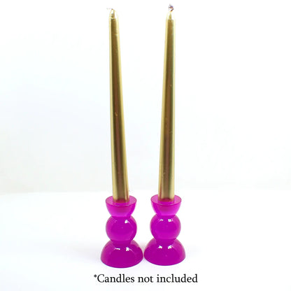 Set of Two Neon Purple Resin Handmade Rounded Geometric Candlestick Holders