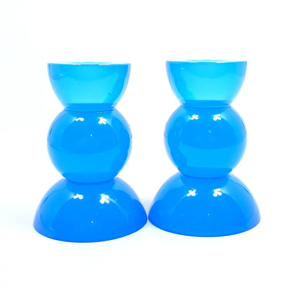 Set of Two Neon Blue Resin Handmade Rounded Geometric Candlestick Holders