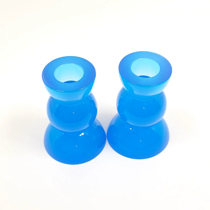 Set of Two Neon Blue Resin Handmade Rounded Geometric Candlestick Holders