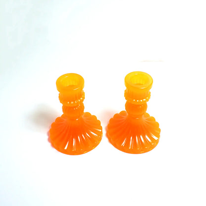 Set of Two Vintage Style Handmade Neon Orange Resin Candlestick Holders