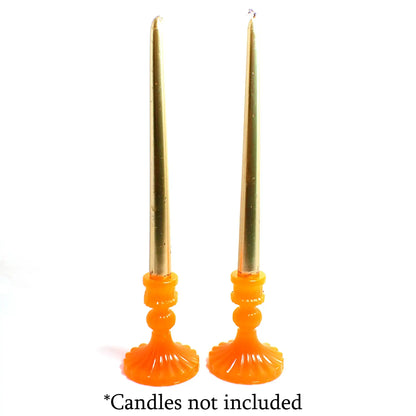 Set of Two Vintage Style Handmade Neon Orange Resin Candlestick Holders