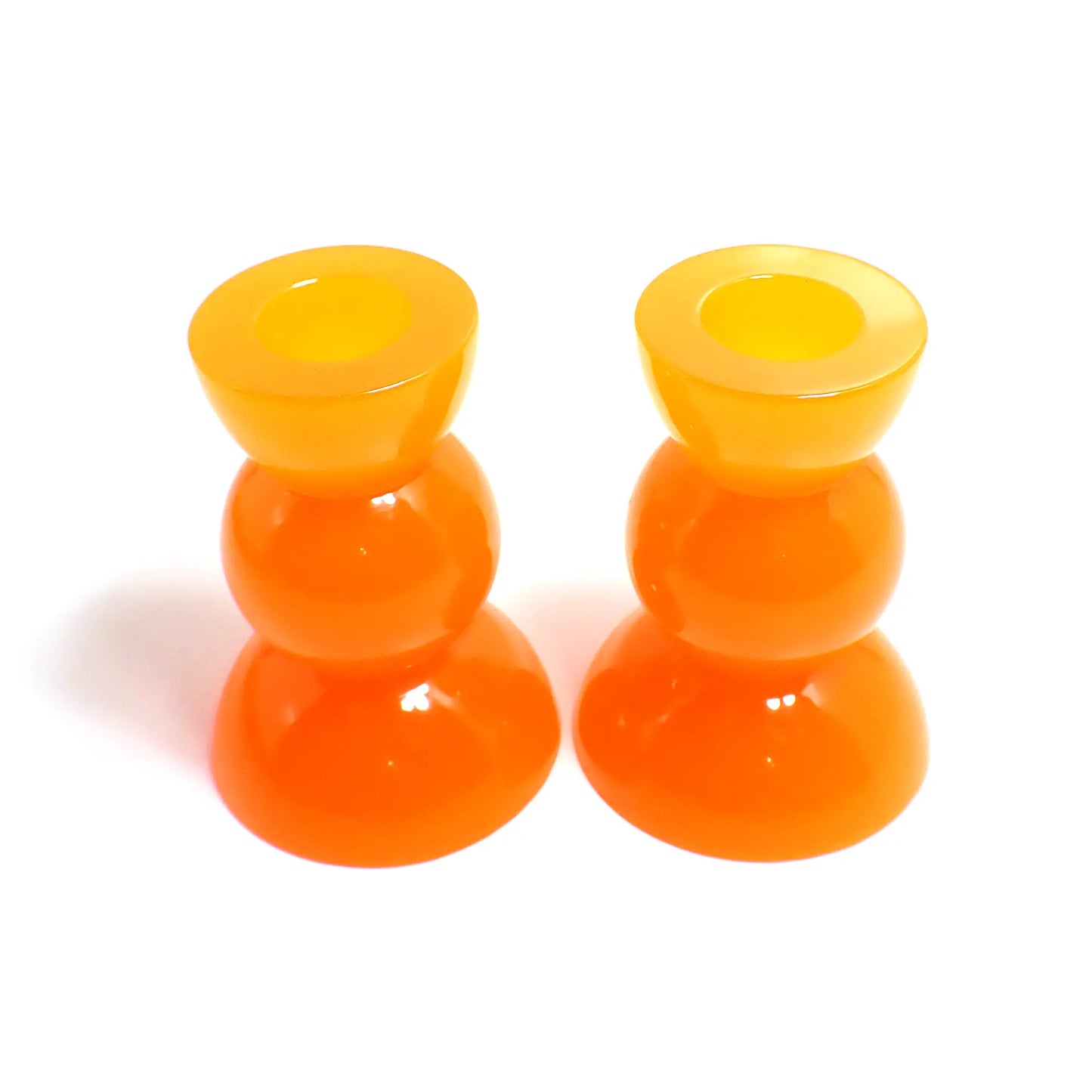 Set of Two Neon Orange Resin Handmade Rounded Geometric Candlestick Holders
